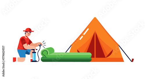 Illustration Of A Person Setting Up A Tent While Camping In The Great Outdoors