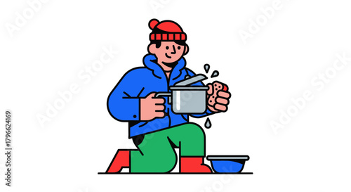 Illustrated Person Carefully Washing Utensils Outdoors on Isolated Black Background