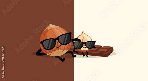 Illustration Of A Relaxed Hazelnut Alongside A Cheerful Nutlet With A Cocoa Bar