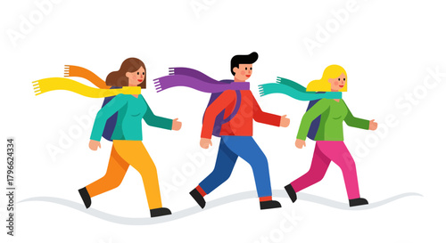 Illustration Of A Trio Wearing Scarves Walking Together On A White Path