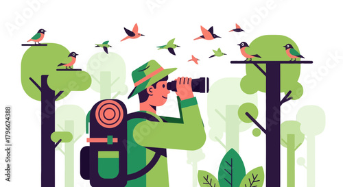 Illustration Of A Birdwatcher Observing The Wilderness In Vector Graphic Format