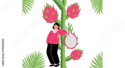 Illustration Of A Woman With Dragon Fruit And Tropical Foliage Design