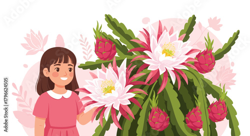 Illustration Of A Young Girl Admiring a Beautiful Dragon Fruit Plant in Bloom
