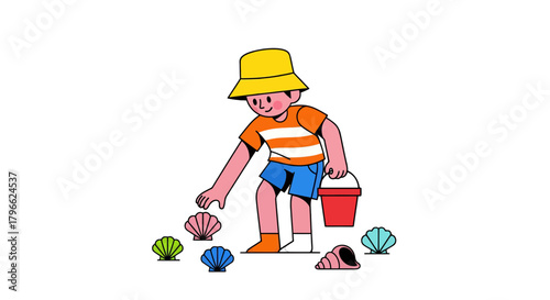 Illustration Of A Young Boy Gathering Colorful Seashells On A Black Background