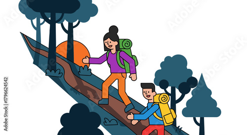 Illustration Of A Couple Hiking In The Wilderness During A Sunrise Adventure Always Enjoying