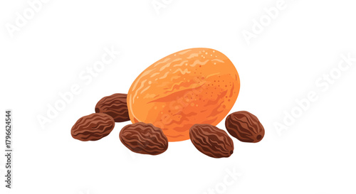 Illustration Of Apricot With Raisins, Healthy Food Composition, Black Background Presentation