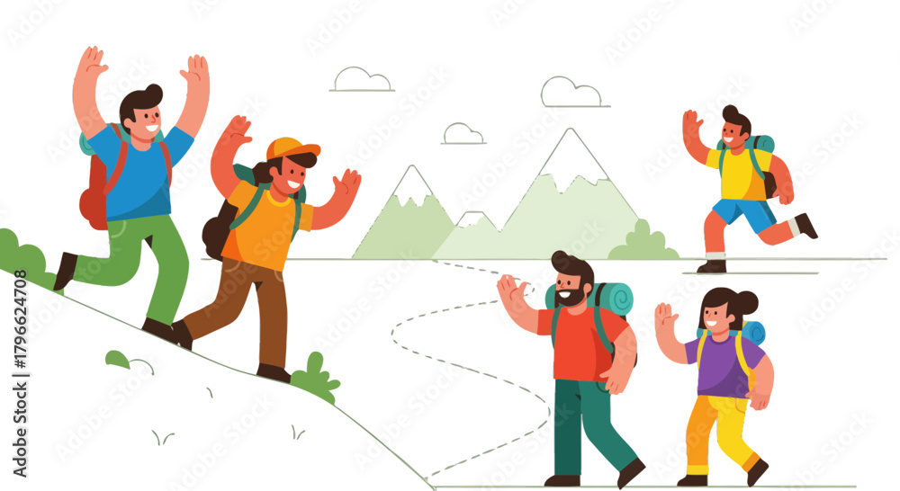 Fototapeta premium Illustration Of Cheerful Trekkers Hiking Into The Mountains Under A Cloudy Sky