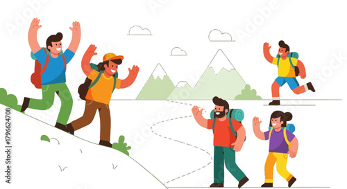 Illustration Of Cheerful Trekkers Hiking Into The Mountains Under A Cloudy Sky