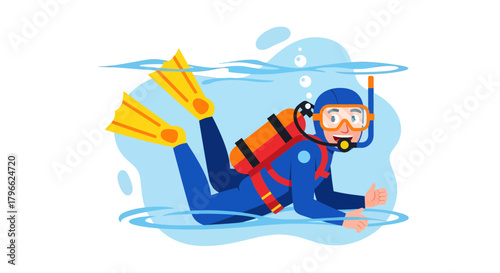 Illustration Of A Diver Exploring Underwater Scenery Against A Black Background