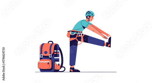 Illustration Of Climber Stretching With A Backpack Before An Ascent Or Expedition