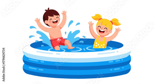 Illustration Of Cheerful Children Splashing in an Above Ground Swimming Pool