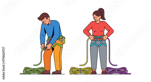 Illustration Of Climbers Preparing Equipment With Harnesses And Ropes For Climbing