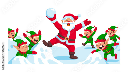 Festive Frolic: Santa Claus and his elves gleefully engage in a playful snowball fight amidst a snowy winter landscape, embodying the spirit of Christmas.