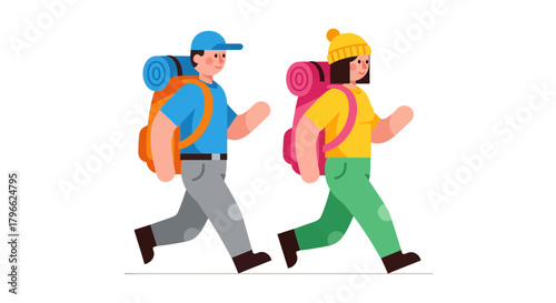 Illustration Of Couple Adventurers Hiking Together Against Black Backdrop