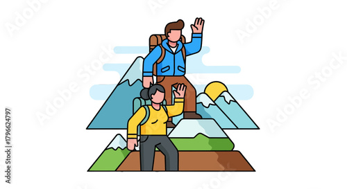 Illustration Of Couple Engaging In Mountain Hiking Adventure With Beautiful Landscape