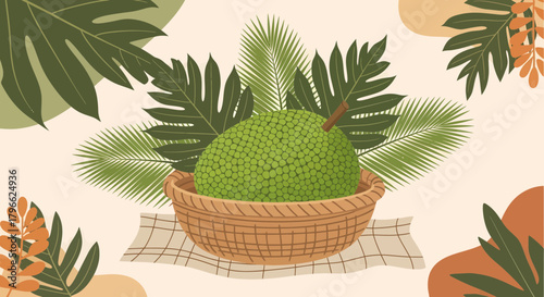 Illustration Of A Freshly Harvested Breadfruit Displayed In Tropical Leaves Arrangement