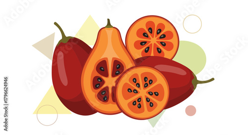 Illustration Of Exotic Fruit Called Tamarillo Or Tree Tomato With Creative Cut Designs