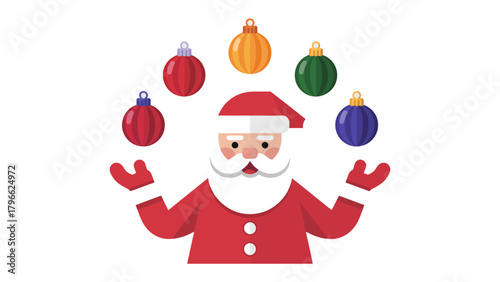 Santa's Festive Juggling Act: A joyful illustration shows Santa Claus delighting in a juggling act with Christmas ornaments, symbolizing the spirit of the season.