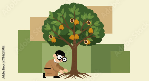 Illustration Of A Gardener Inspecting A Fruit Tree, With Abstract Background