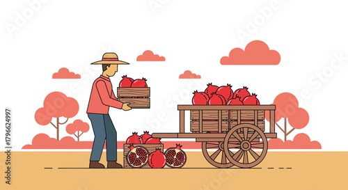Illustration Of Farmer Harvesting Pomegranates Into Wooden Cart And Crates