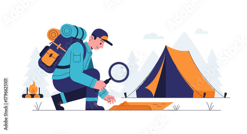 Illustration Of A Hiker Exploring The Terrain Near A Tent In A Wilderness Setting