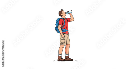 Illustration Of A Hiker Quenching Thirst With Water From A Water Bottle