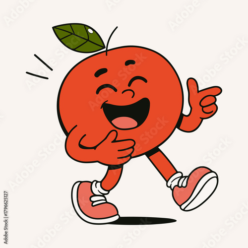 Joyful apple cartoon mascot strides with glee