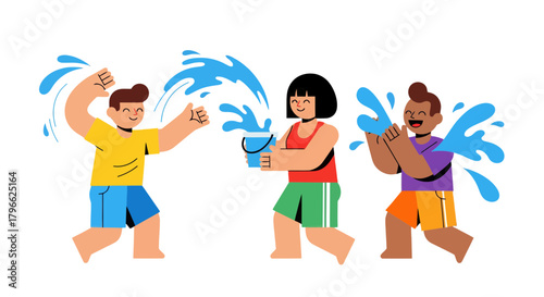 Illustration Of Friends Playing With Water Jets And Buckets, Joyful Summer Fun
