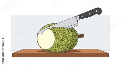 Illustration Of A Jackfruit Being Sliced With A Sharp Knife On A Wooden Cutting Board