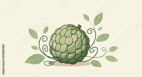 Illustration Of Fruity Custard Apple Adorned With Elegant Leafy Embellishments
