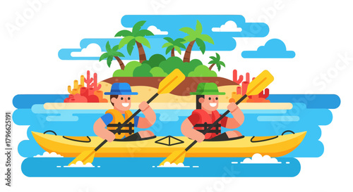 Illustration Of A Kayaking Couple Exploring A Tropical Island Paradise Adventure