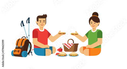 Illustration Of Friends Sharing Sandwiches While Picnic Is Around, Enjoying Outdoors
