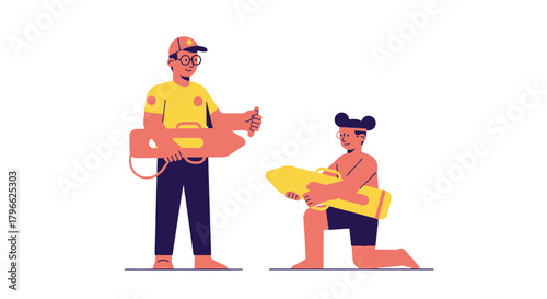 Illustration Of Lifeguards Training With Rescue Equipment For Beach Safety Or Pool Operations