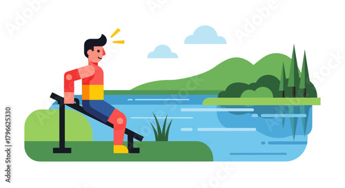 Illustration Of A Man Exercising By A Lake With A Beautiful Landscape Surrounding Him