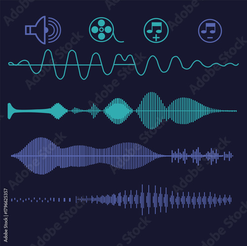 Sound Wave Visualisation, Podcast sound waves set. Waveform pattern for music player, podcast, voise message, music app. Audio wave icon