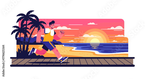 Illustration Of Man Running On Beach At Sunset With Palm Trees And Ocean View