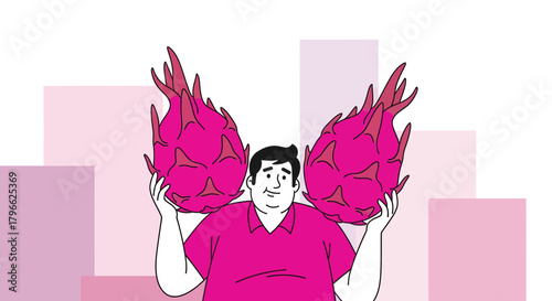 Illustration Of A Man Holding Exotic Tropical Dragon Fruit, With Pink Overtones