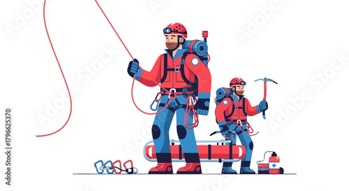 Illustration Of Mountain Rescue Team In Ready Position With Supplies And Gear