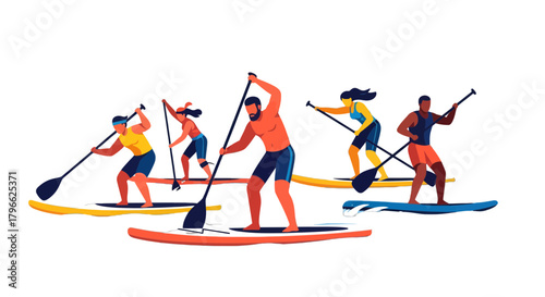 Illustration Of Paddlers Enjoying Stand-Up Paddleboarding Paddling On Water Recreation