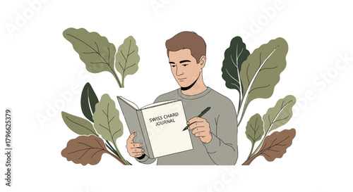 Illustration Of A Man Reading and Writing About Swiss Chard In His Journal