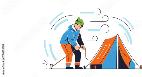 Illustration Of A Man Pitching A Tent While Experiencing Intense Wind Outdoors