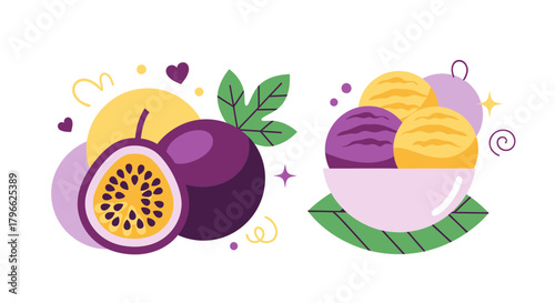 Illustration Of Passion Fruit And Tropical Ice Cream Scoops On White Background