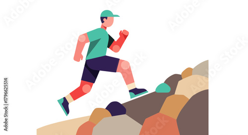 Illustration Of Person Exercising Outdoors Running Up A Rocky Hillside With Style