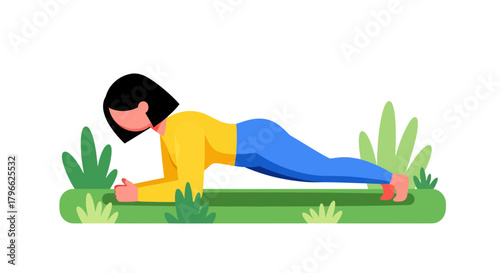 Illustration Of Person Exercising Plank Pose In The Open Environment With Natural Elements