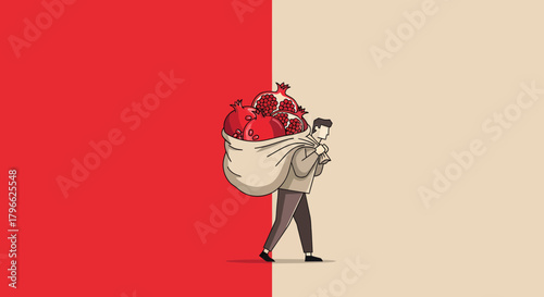 Illustration Of A Person Carrying Large Bag Full Of Pomegranates In A Visual Style