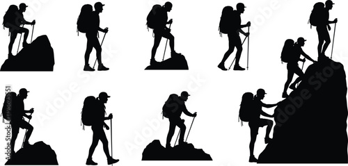 Hiking silhouettes with backpacks, trekking pole poses, mountain climbing teamwork, outdoor adventure exploration, wilderness activity, travel lifestyle journey, flat vector