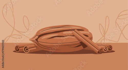 Illustration Of A Pecan With Cinnamon Sticks, Perfect For Culinary Or Seasonal Designs