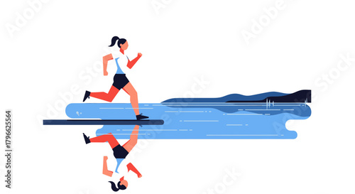 Illustration Of Person Running Above Water Reflecting In Digital Vector Style