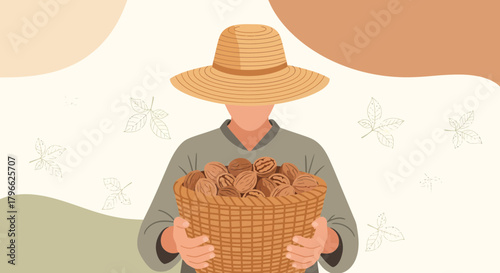 Illustration Of A Person Holding Full Basket Of Walnuts And Wearing A Straw Hat