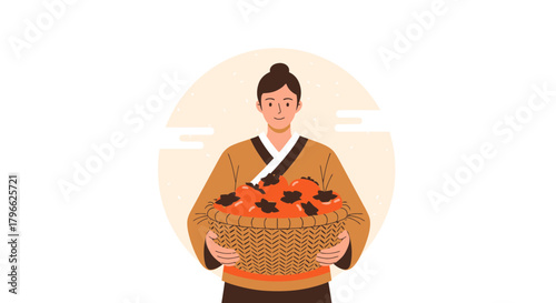 Illustration Of A Person Holding A Basket Filled With Fresh, Colorful Fruits For Sale